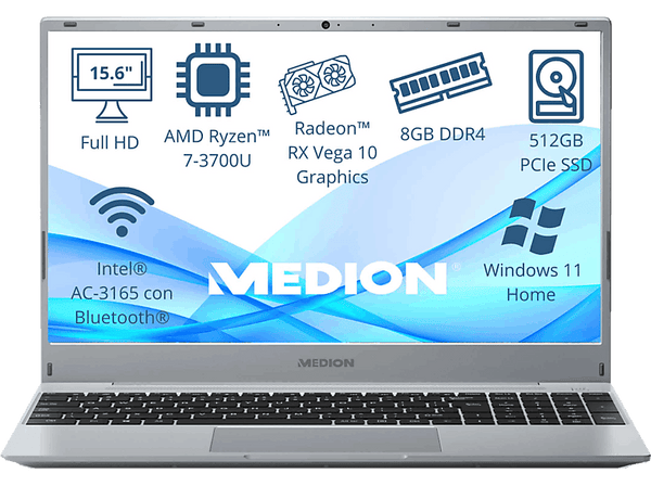 Portátil - Medion Akoya MD62429, 15.6" Full-HD, AMD Ryzen™ 7 3700U, 8GB RAM, 512 GB SSD, Radeon™ RX Vega 10, Windows 11 Home