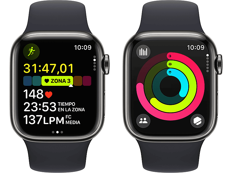 Apple Watch Series 9 (2023), GPS+CELL, 41 mm, Gesto de doble toque, Caja de acero inoxidable grafito, Correa deportiva medianoche, Talla S/M