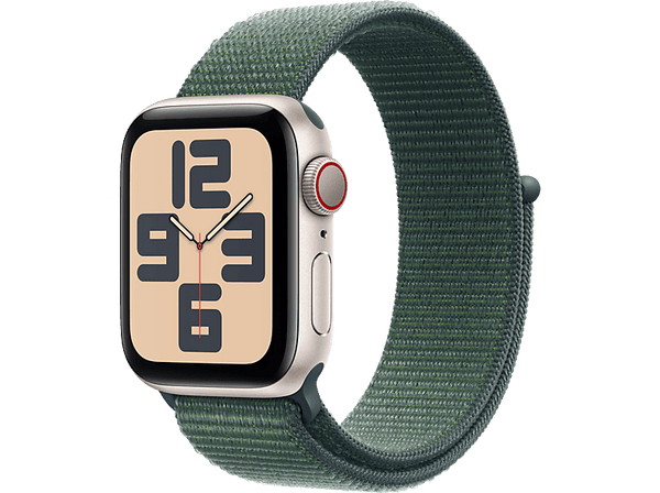 Apple Watch SE (2024), GPS + Cellular, 44 mm, Caja de aluminio Blanco estrella, Vidrio delantero Ion-X, Correa Loop deportiva Verde lago
