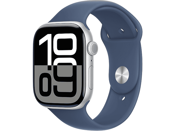 Apple Watch Series 10 (2024), GPS, 46 mm, Gesto de doble toque, Caja de aluminio plata, Correa deportiva Azul denim, Talla M/L