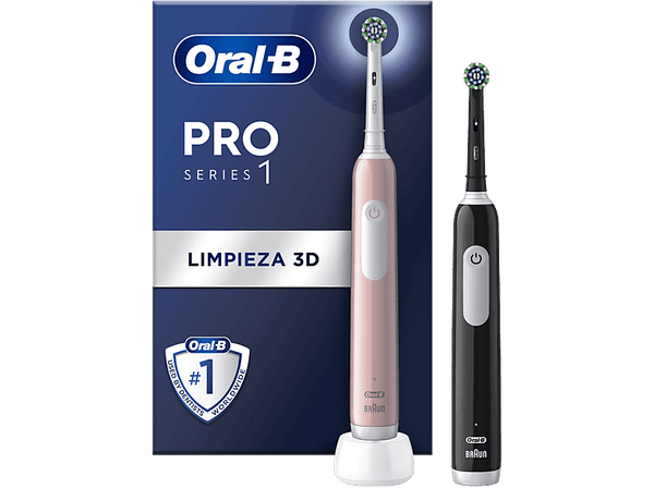 Cepillo eléctrico - Oral-B Pro Series 1, Pack Doble, Tecnología 3D, Sensor de presión, Negro y rosa