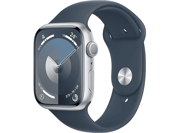 Apple Watch Series 9 (2023), GPS, 45 mm, Gesto de doble toque, Caja de aluminio plata, Correa deportiva azul tempestad, Talla S/M