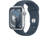 Apple Watch Series 9 (2023), GPS, 45 mm, Gesto de doble toque, Caja de aluminio plata, Correa deportiva azul tempestad, Talla S/M