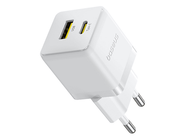 Cargador de pared - Baseus PALM, 20W, USB y Tipo-C, Kit con cable Tipo-C de 100 cm, Universal, Blanco