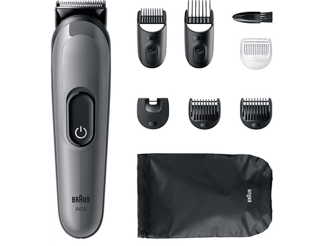 Afeitadora multifunción - Braun Todo En Uno Series 3 AIO3540, Kit De Styling 8 en 1, Lámina Afilada, 14 Longitudes, Gris