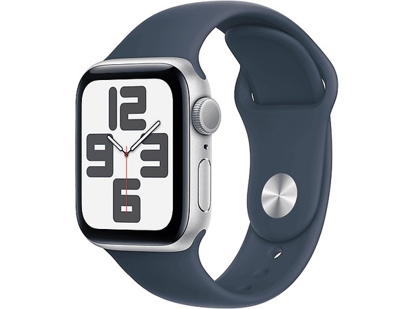 APPLE Watch SE (2023), GPS, 40 mm, Caja de aluminio plata, Vidrio delantero Ion-X, Talla S/M, Correa deportiva azul tempestad