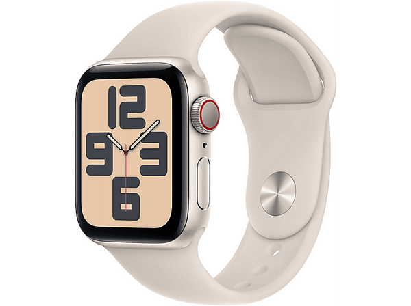 APPLE Watch SE (2023), GPS+CELL, 40 mm, Caja de aluminio blanco estrella, Vidrio delantero Ion-X, Talla S/M, Correa deportiva blanco estrella