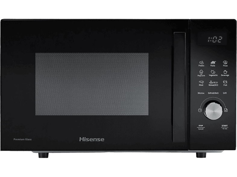 Microondas con grill - Hisense H23MOBSD1HG, Potencia grill 1000 W, 10 niveles de potencia, 23 l, Negro