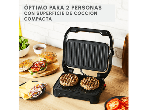 Grill - Moulinex Inicio Compact GI270D, 2 en 1, Grill & sandwichera, 2 raciones, Antiadherente, 1000 W, Bandeja de goteo extraíble, Acero Inoxidable