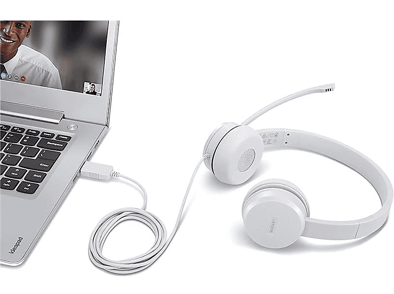Auriculares - Lenovo USB estéreo 110, De diadema, Circumaural, Micrófono integrado/brazo, Gris nube