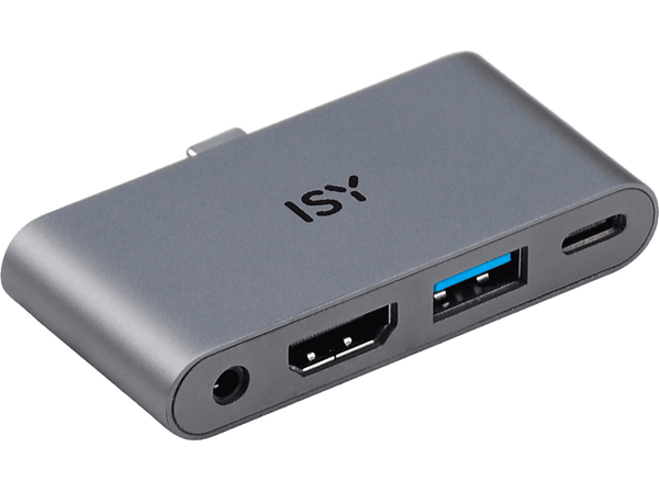 Adaptador - Isy IAD 1019-1 4-in-1 USB-C, 480 Mbit/s, USB-A, HDMI 2.0, 3.5 mm AudioPort, 1x USB-C, Gris Aluminio
