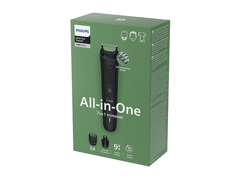 Afeitadora corporal - Philips MG3935/15 ALL IN ONE, 7, Recortadora 7 en 1, Cuerpo y Barba, Uso en seco/húmedo, Autonomía 70 min., Negro