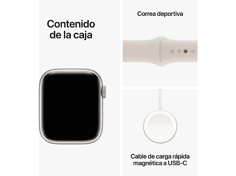Apple Watch Series 9 (2023), GPS, 45 mm, Gesto de doble toque, Caja de aluminio blanco estrella, Correa deportiva blanco estrella, Talla M/L