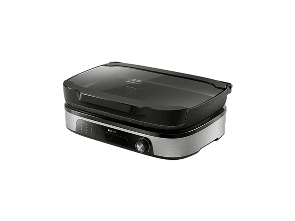 Grill - Philips GRILL 5000 2400W Smoker + Tapa de vidrio HD6212/90, Revestimiento de Maifan, Superficie de 1250 cm2, Sistema de ahumado, Acero inox.