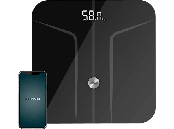 Báscula inteligente - Cecotec Surface Precision 9750 Smart Healthy, Hasta 180 kg, Apagado y encendido automático, Vidrio templado, App, Negro