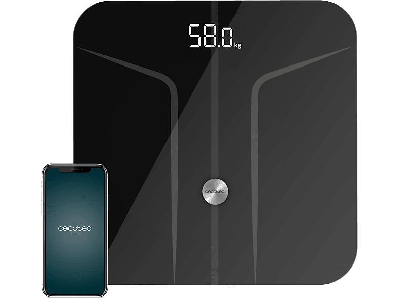 Báscula inteligente - Cecotec Surface Precision 9750 Smart Healthy, Hasta 180 kg, Apagado y encendido automático, Vidrio templado, App, Negro