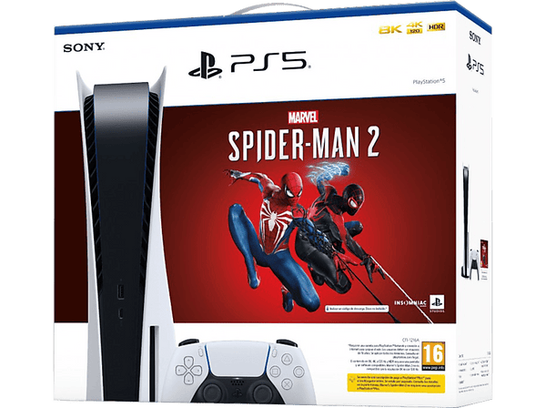 Consola - Sony PlayStation 5 Standard, 825 GB, 4K, 1 mando, Chasis C, Blanco + Juego Marvel's Spider-Man 2 (código de descarga)