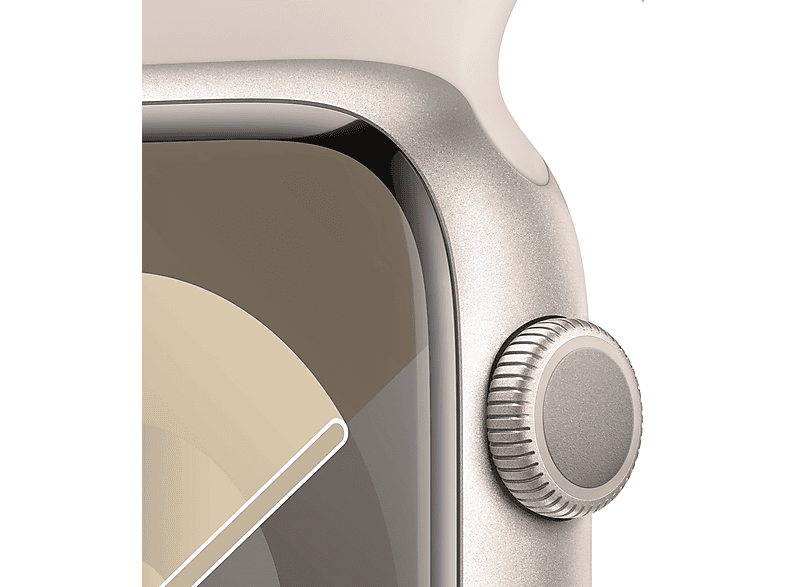 Apple Watch Series 9 (2023), GPS, 45 mm, Gesto de doble toque, Caja de aluminio blanco estrella, Correa deportiva blanco estrella, Talla M/L