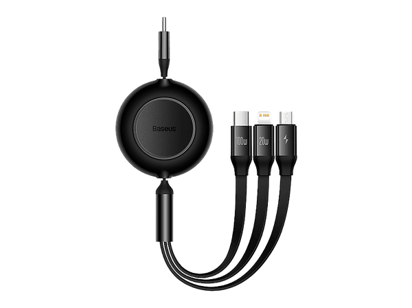 Cable USB - Baseus 3-en-1 Bright Mirror, 100W, Cable retráctil, Carga rápida multidispositivo, USB-C a USB-C-Lightning-Micro, 110 cm, Negro