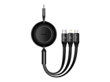 Cable USB - Baseus 3-en-1 Bright Mirror, 100W, Cable retráctil, Carga rápida multidispositivo, USB-C a USB-C-Lightning-Micro, 110 cm, Negro