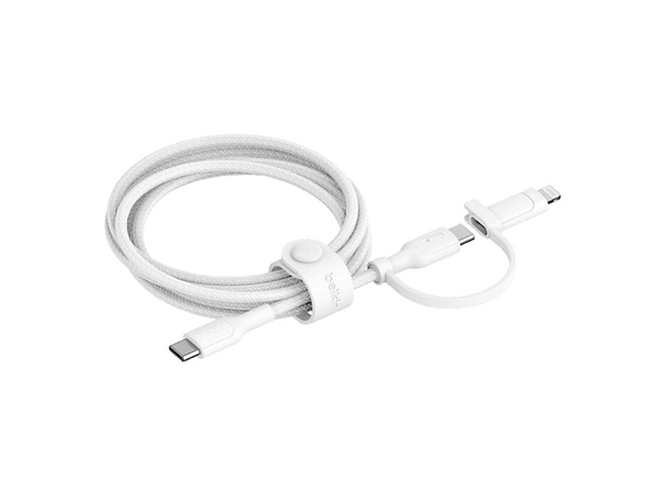 Cable USB - Belkin BoostCharge Pro Cable 2 en 1 con conectores USB-C y Lightning, 1.5 m, Universal, 60W, Nailon trenzado, Blanco
