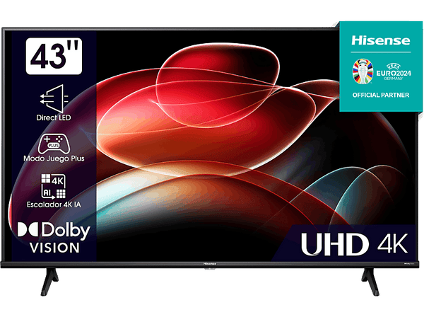 TV DLED 43" - Hisense 43A6K, UHD 4K, Quad Core/MT9602, Smart TV, Dolby Vision, Control por Voz, Negro