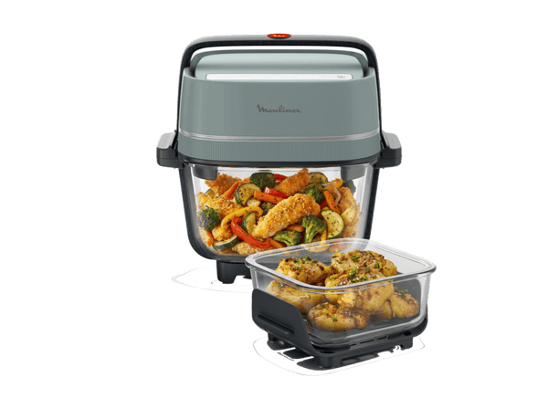 Freidora de aire - Moulinex Crisp & Go, Apilable y portátil, 2 cestas, 1.4L, 3.8L, 4 modos de cocción, 1700 W, Ajuste manual de temperatura, Verde
