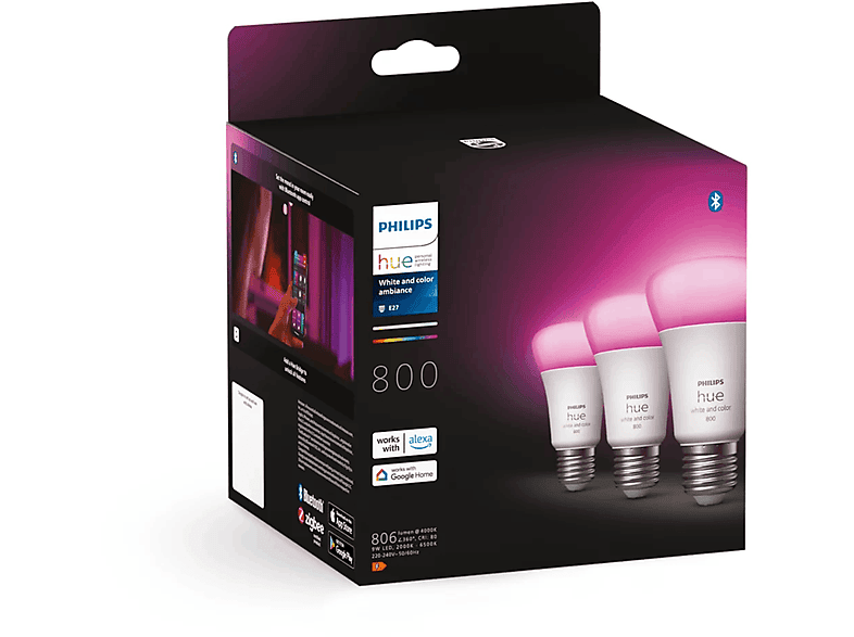 Bombilla Inteligente - Philips Hue A60, Pack 3, E27, Luminosidad 800, Blanca y colores, Bluetooth