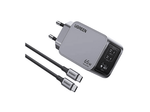 Cargador de pared - Ugreen Mini GaN Nexode Pro, Universal, Carga Rápida, 65W, 2x USB-c, 1x USB-A, Plata