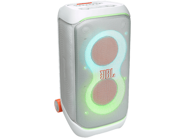 Altavoz de gran potencia - JBL PartyBox Stage 320, Portátil para fiestas, Asa telescópica y ruedas, BT, Resistente salpicaduras, Aut 18h, 240W, Blanco