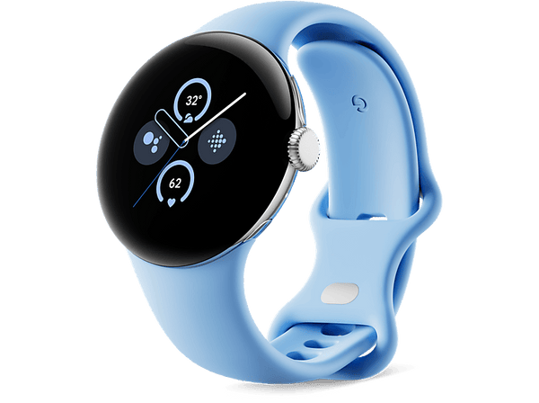 Smartwatch - Google Pixel Watch 2, 41 mm AMOLED, GPS, Android, Caja aluminio plata pulida, Correa deportiva azul celeste