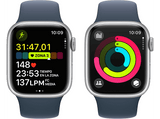 Apple Watch Series 9 (2023), GPS+CELL, 41 mm, Gesto de doble toque, Caja de aluminio plata, Correa deportiva azul tempestad, Talla S/M