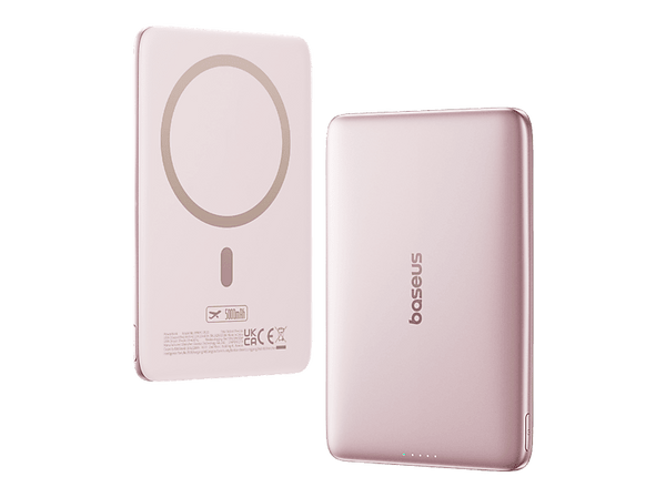 Powerbank - Baseus PicoGo AM41 Ultra-fina, 5000 mAh, 20W, Carga magnética, Con cable Tipo C 60W, Carga Pass-Through, Carga rápida, Rosa Nebula