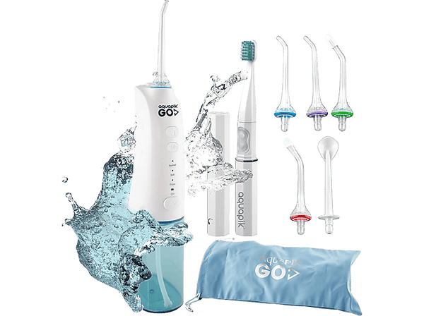 Irrigador - Aquapik GO X, 5 Boquillos, USB/AC, 1400 - 1800 Pulsaciones, 3 niveles de potencia, Blanco