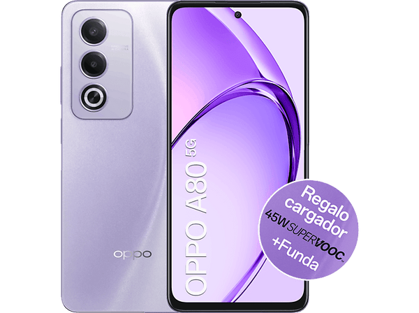 Móvil - OPPO A80 5G, Moonlight Purple, 256 GB, 8 GB RAM, 6.67" LCD HD+, Mediatek Dimensity 6300, 5100 mAh, Android + Cargador 45W Supervooc + Funda