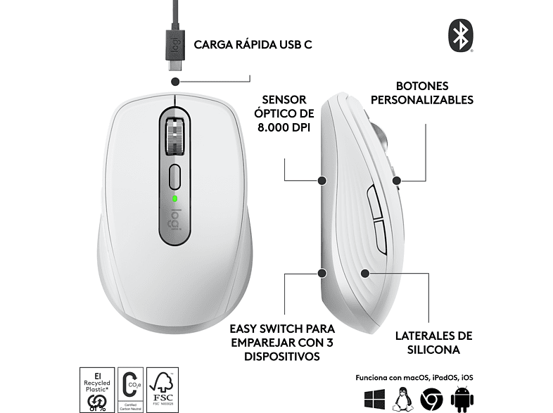 Ratón inalámbrico - Logitech MX Anywhere 3S, Inalámbrico, Bluetooth, 8000 ppp, Multiplataforma, Botones programables, Blanco