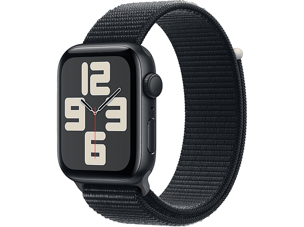 APPLE Watch SE (2023), GPS, 44 mm, Caja de aluminio medianoche, Vidrio delantero Ion-X, Correa Sport Loop medianoche