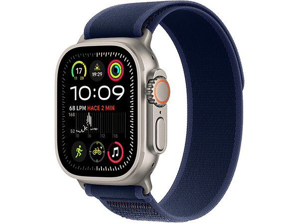 Apple Watch Ultra 2 (2024), GPS + Cellular, 49 mm, Caja de Titanio Natural, Gesto doble toque, Correa Trail Loop de color Azul, Talla M/L