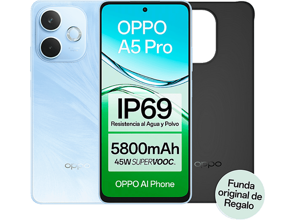 Móvil - OPPO A5 Pro, 4G, Feather Blue, 256 GB, 8 GB RAM, 6.67" LCD, Snapdragon® 6s 4G Gen 1 , 5800 mAh