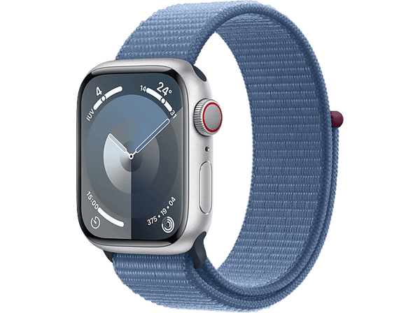 Apple Watch Series 9 (2023), GPS+CELL, 41 mm, Gesto de doble toque, Caja de aluminio plata, Correa Sport Loop azul invierno