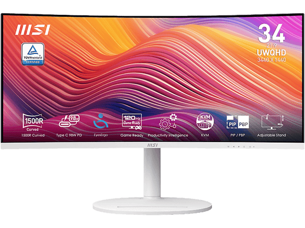 Monitor gaming - MSI Modern MD342CQPW, 34", UWQHD, 1 ms MPRT, 4 ms GtG, 120 Hz, 1x USB-B, 2x USB-A, 2x HDMI, 1x DisplayPort, Blanco