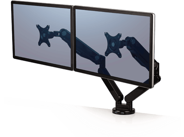 Brazo para monitor doble - Fellowes Platinum Series, Rotación 360º, USB, Negro