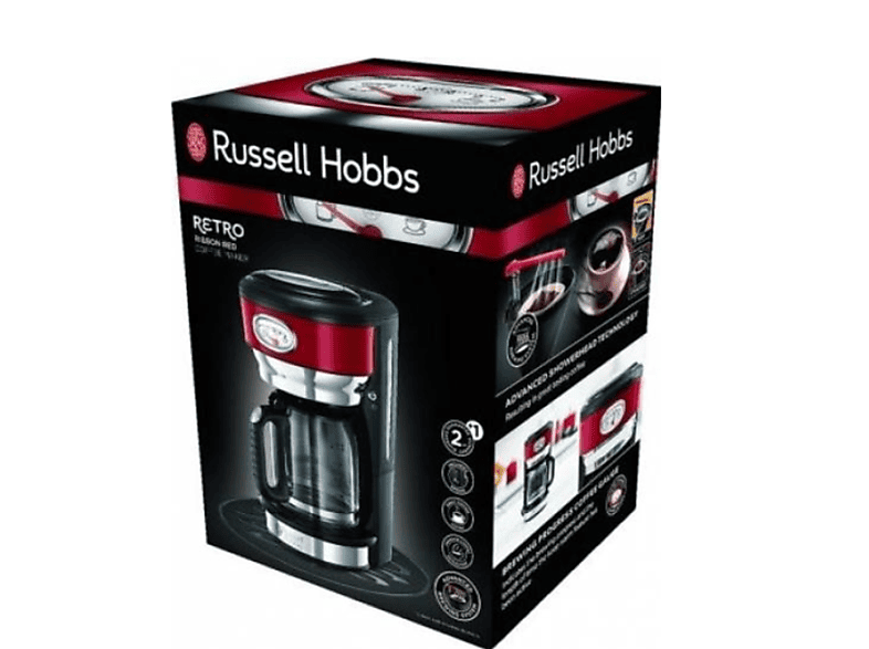 Cafetera de goteo - Russell Hobbs Retro Ribbon Red Glas, 1000 W, 1.25 l, 10 Tazas, Jarra de cristal, Rojo