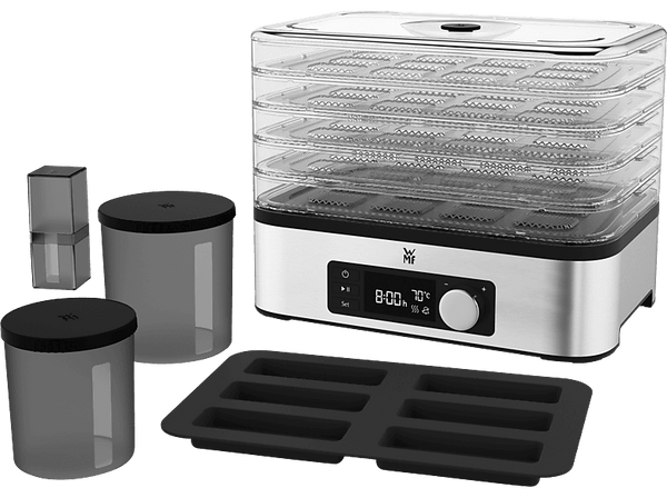 Deshidratador de alimentos - WMF KITCHENminis Snack to go, 250W, Ajuste de temperatura, 5 Estantes,Temporadizador programable, LCD, Acero Inox.