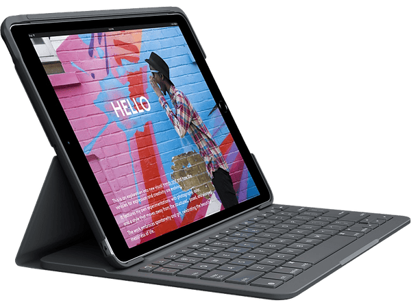 Funda con teclado - Logitech Slim Folio, Bluetooth, para iPad 2019 10.2", Teclas de acceso directo, Tres modos de uso, Batería hasta cuatro años, Gris