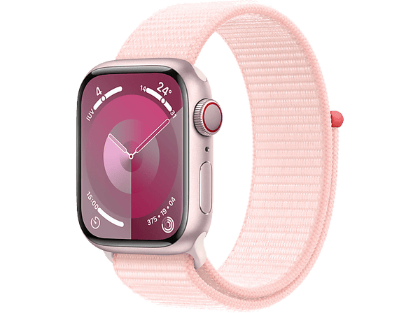 Apple Watch Series 9 (2023), GPS+CELL, 41 mm, Gesto de doble toque, Caja de aluminio rosa, Correa Sport Loop rosa