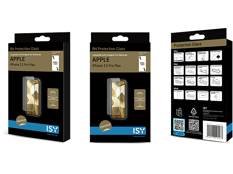 Protector pantalla - ISY IPG 5183-2.5D, Para iPhone 15 Pro Max, Antihuellas dactilares, Antiarañazos, Vidrio templado