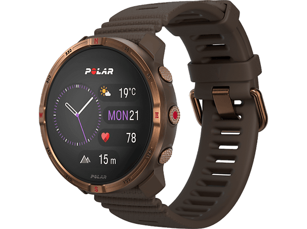 Reloj deportivo - Polar Grit X2, Brown, 22 mm, 1.28", 90h Autonomía en modo ECO, Silicona, GPS Dual