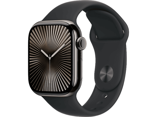 Apple Watch Series 10 (2024), GPS + Cellular, 42 mm, Gesto de doble toque, Caja de titanio Pizzarra, Correa deportiva Negra, Talla M/L