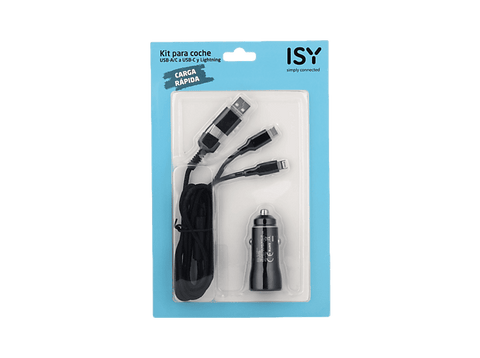 Cargador coche - ISY ICC-5000-CC, Universal, Carga rápida, USB-A/C a USB-C y Lightning, Negro